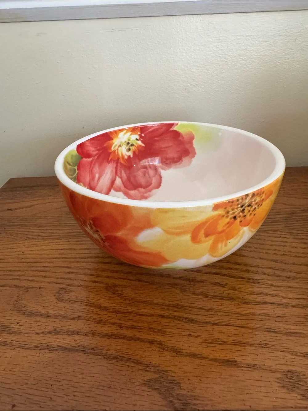Pier 1 Red Floral Ceramic Serving Bowl with Green Leaves